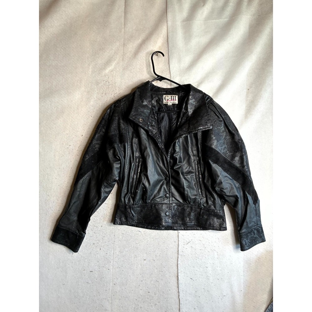 G-III Leather Jacket Women's Medium Black Lined Embossed Textured Snap Front